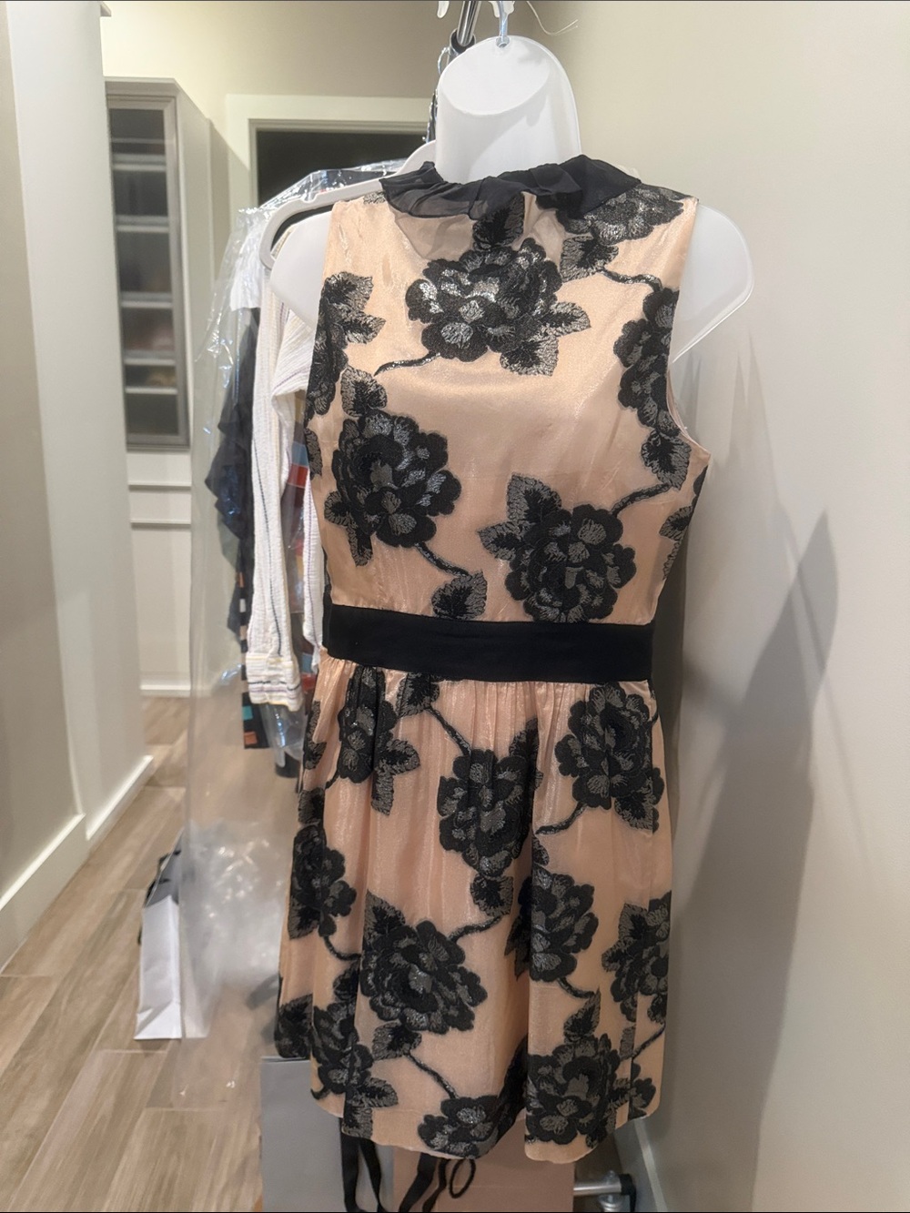 MILLY Sleeveless Floral Lace Overlay Dress in Blush and Black